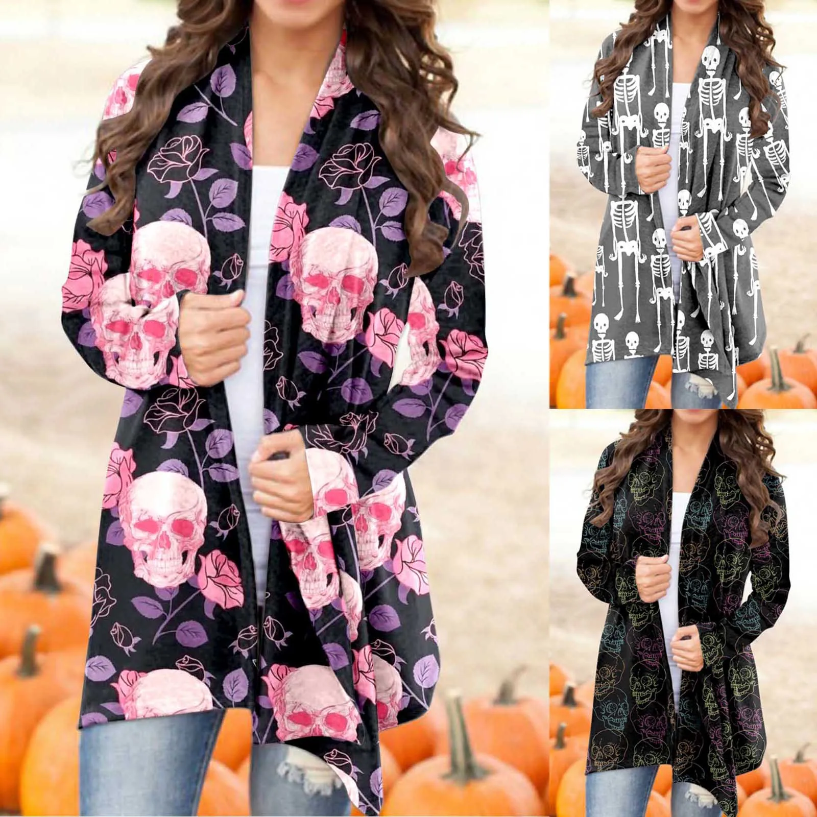 

Women Casual Halloween Print Cardigan Long Sleeve Casual Cardigan Jacket Charcoal Sweater