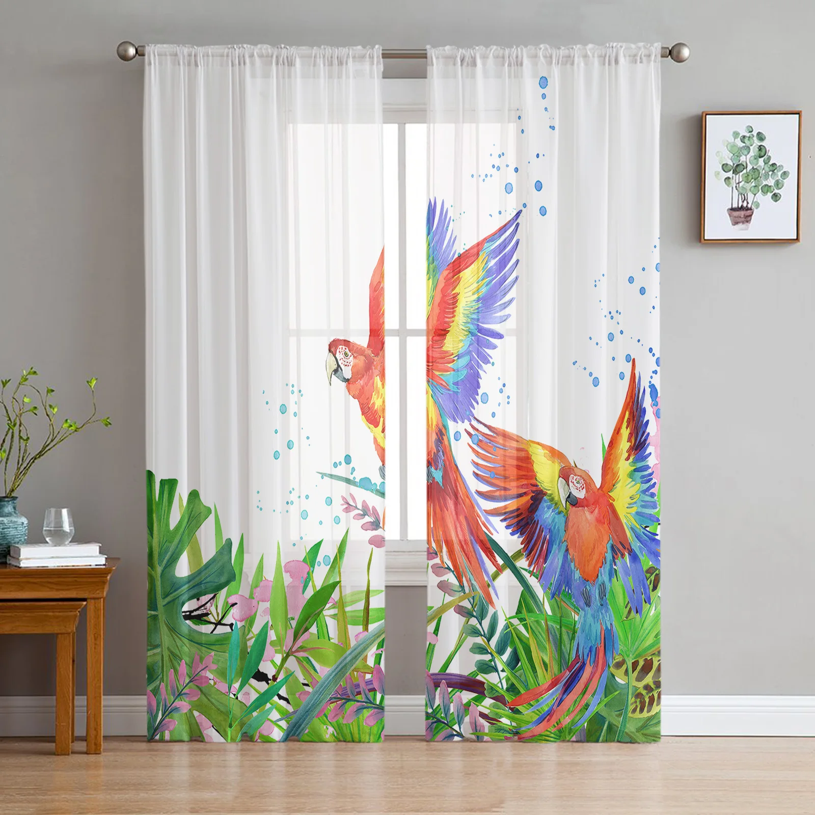 

Watercolor Tropical Forest Parrots Tulle Sheer Curtains for Living Room Bedroom Kitchen Decoration Voile Organza Window Curtains