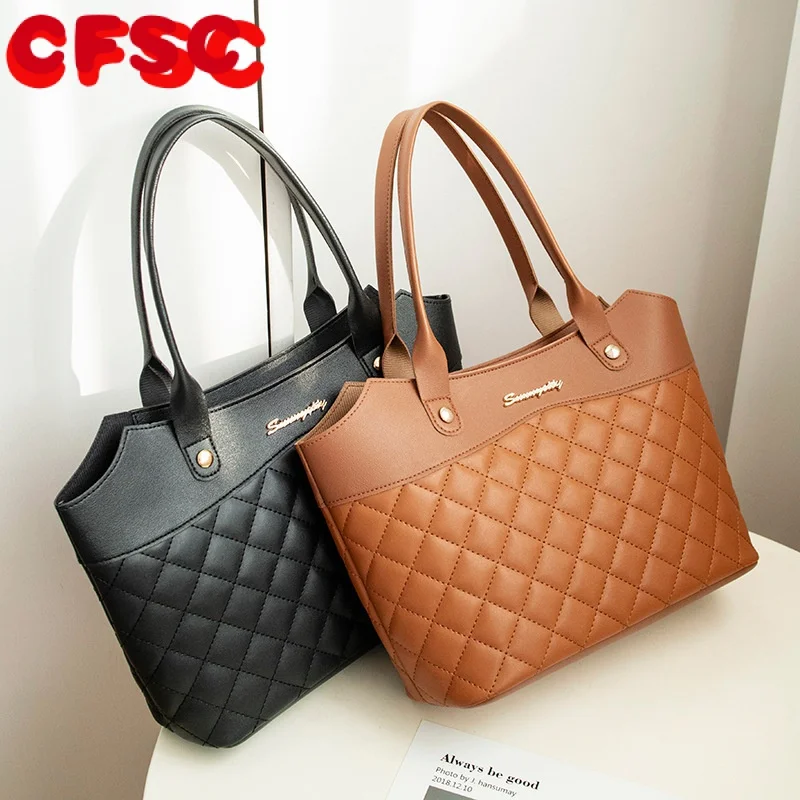 

Fashion PU Leather Tote Bag Rhombic Jacquard Letter Simple Style Elegant Wild Street Female Women Large Handbook