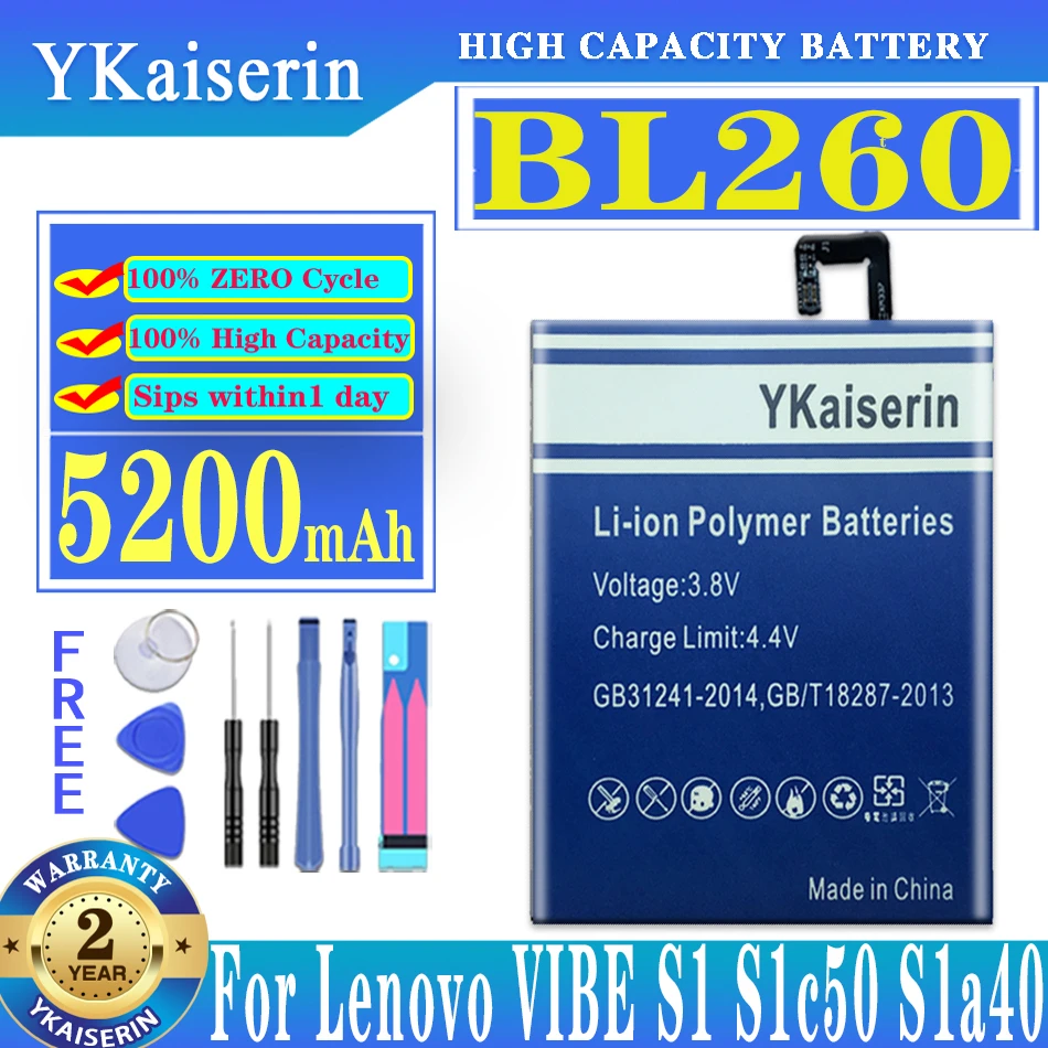 

YKaiserin 4900mAh BL260 BL 260 Battery for Lenovo VIBE S1 Lite S1Lite S1La40 Batteries + Free Tools