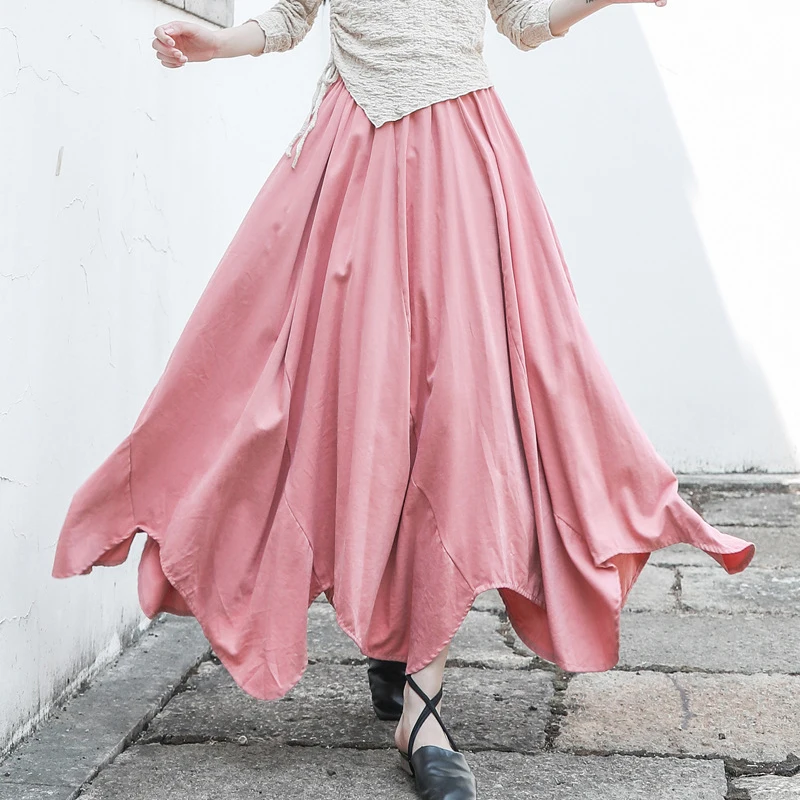 

NINI WONDERLAND 2023 Spring Irregular Maxi Long Skirt Summer Elastic Waist Vintage Skirts Women Solid Colr Asymmetrical Skirt