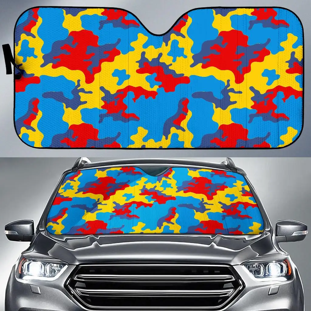 

Red Yellow And Blue Camouflage Print Car Sun Shade