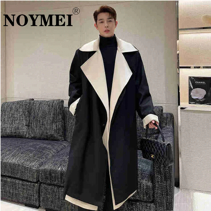 

NOYMEI 2023 New Fashion Contrast Color Large Collar Trench Fake Two Temmperament Korean Winter Coats Men Tops Patchwork WA182