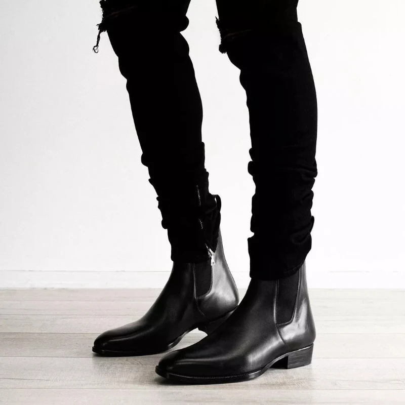 

Pure Black Men Fashion Autumn and Winter Style Simple Pointed Low Heel Casual and Comfortable Classic Chelsea Boots PU 8KH465