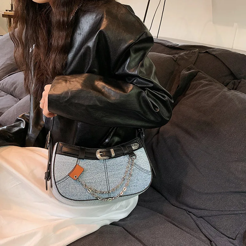 Internet Celebrity Denim Women's 2023 New Live Broadcast Niche Shoulder Korean Style Trendy Cool Casual Messenger Bag
