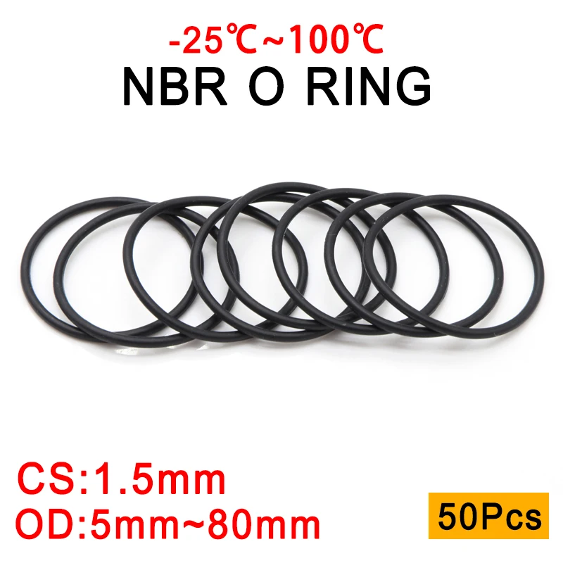 

50pc NBR O Ring Seal Gasket Thickness CS 1.5mm OD 5~80mm Nitrile Butadiene Rubber Spacer Oil Resistance Washer Round Shape Black