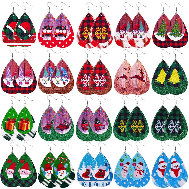 

Cartoon Christmas Double Leather Earrings Creative Personality Plaid Pattern Cute Snowman Snowflake Car Drop Earring Jewelry