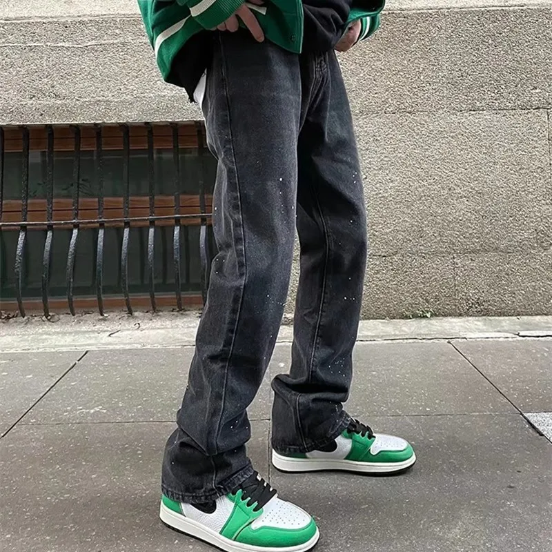 2022 High Streetwear Letter Embroidery Baggy Men Flare Jeans Pants Straight Hip Hop Black Vintage Denim Trousers Pantaloni Uomo
