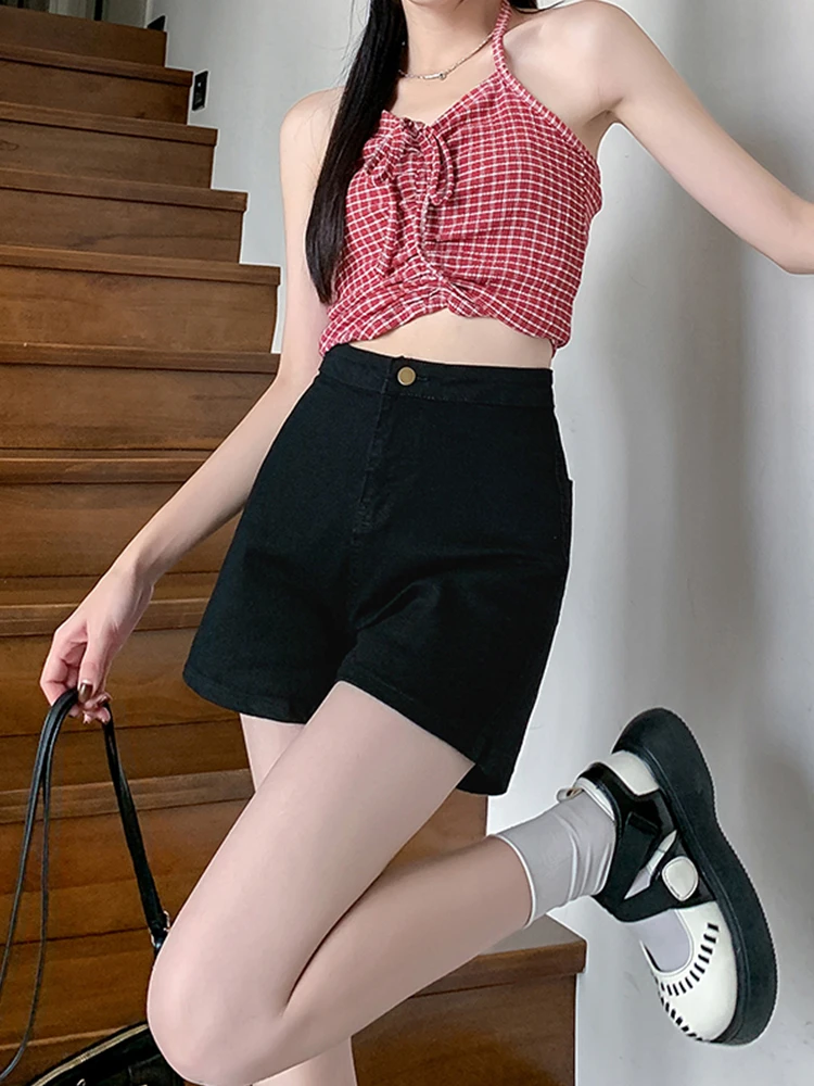 New Summer Women High Waist Loose Fit Black Denim Shorts Streetwear Female Button Solid Color Jeans Shorts Bottoms