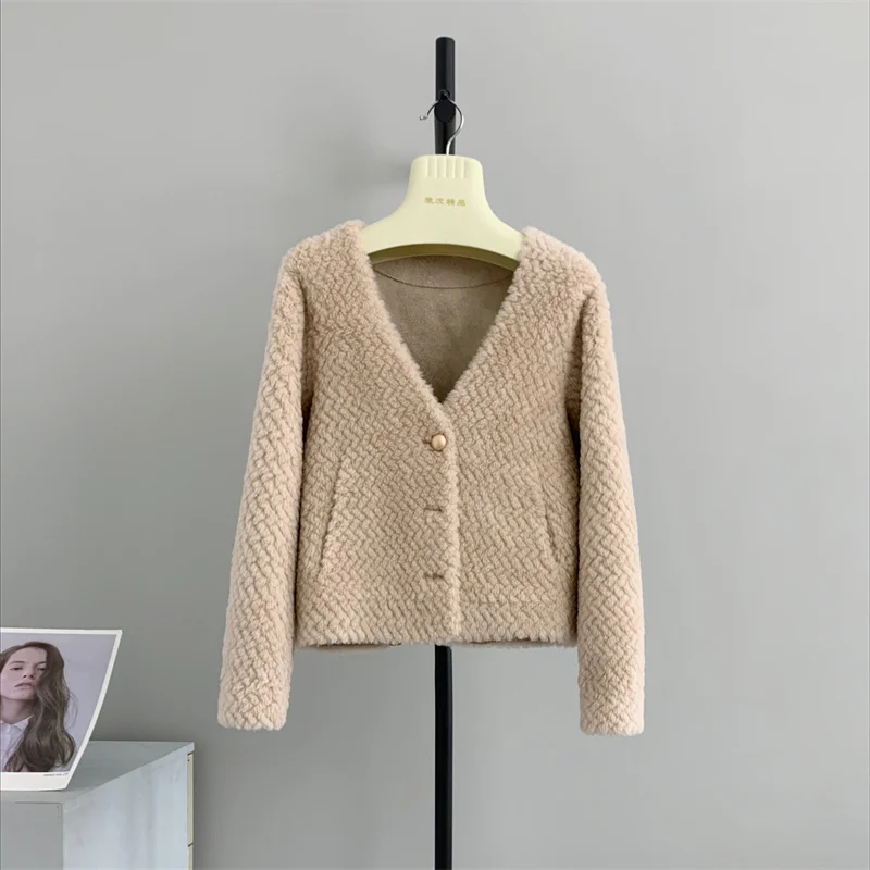 

genuine V-neck 100% simple knitting pattern small short winter women's wool fur one body sheep shearing coat women