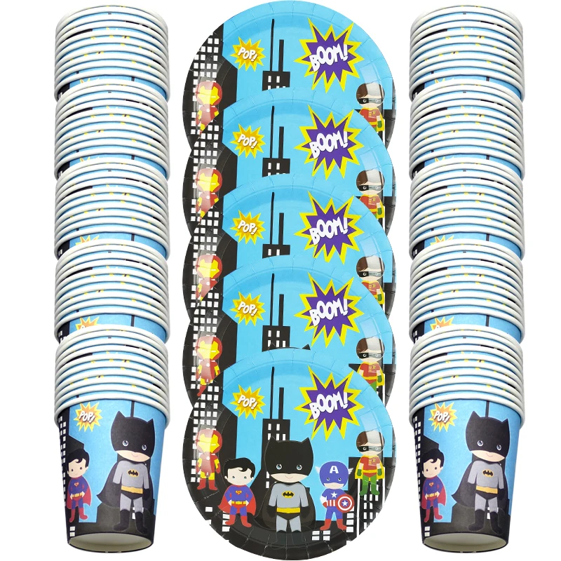60pcs/lot Superhero Theme Tableware Set Happy Birthday Party Plates Cups Dishes Decoration Baby Shower Events Supplies
