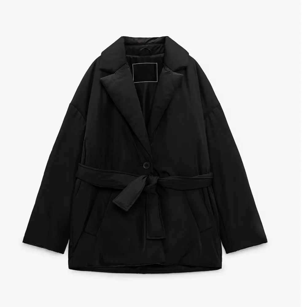 

Autumn and winter new fashion women's all-match design sense black lapel long-sleeved belted padded jacket coat