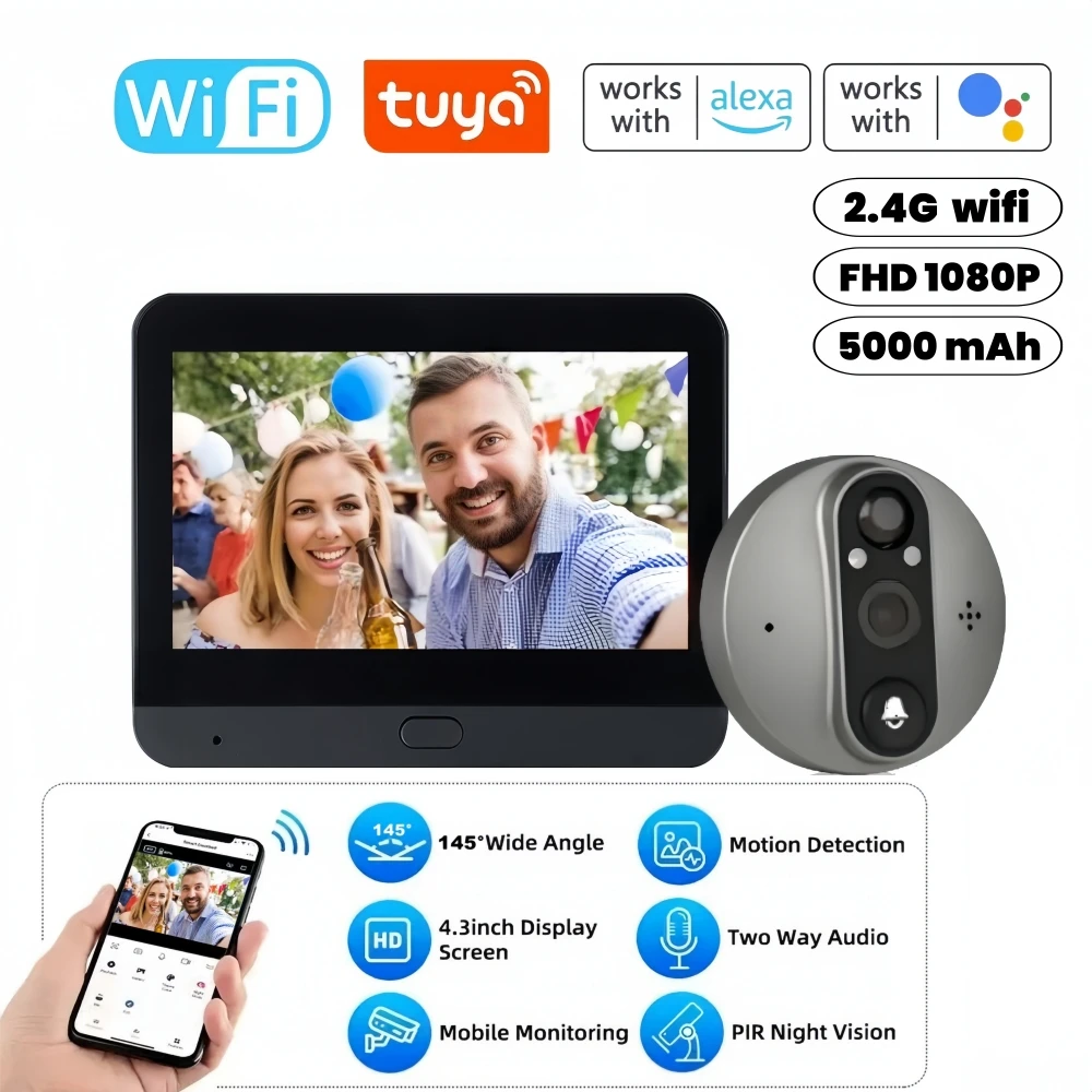 Смарт-глазок дверной беспроводной с Wi-Fi, 4,3 дюйма, 1080P, 5000 мАч |  AliExpress