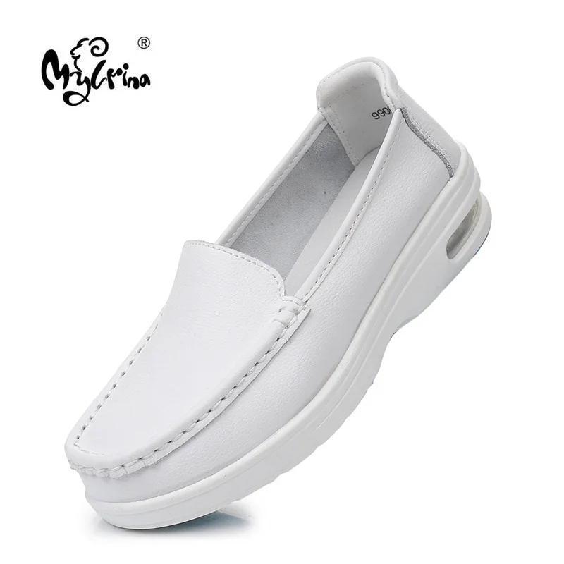 

Women's Shoes 100% Genuine Leather Sneakers Slip On Platform Wedges White Ladies Loafers Casual Flats Comfortable Nurse Shoes