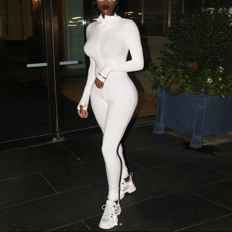 White Sexy Bodycon Jumpsuit Romper Black Long Sleeve Bodysuit Women Zipper Turtleneck Elegant Full Length Polyester