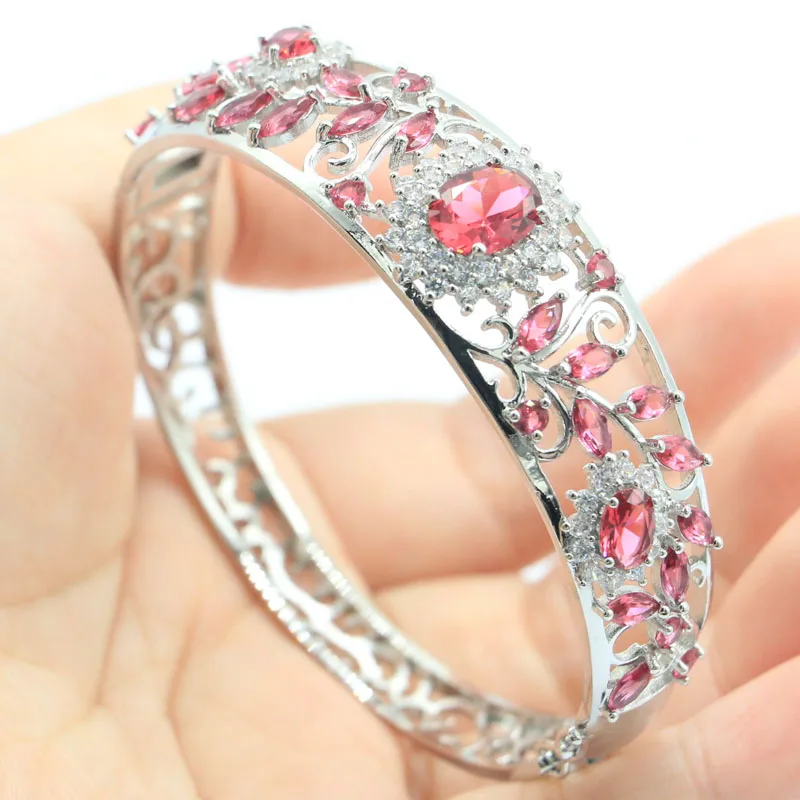 

66x18mm Deluxe 24.3g Pink Raspberry Rhodolite Garnet Violet Tanzanite White CZ Gift For Mother Silver Bangle Bracelet 7.5inch