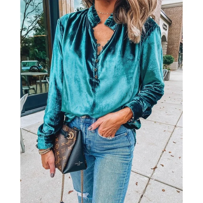 

Velvet Women's Blouse Shirt Spring Long Sleeve Button Blouses and Shirts Solid Casual O-Neck Fashion Woman Blouses 2022 Top New
