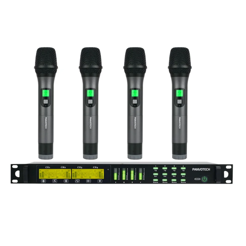 

Panvotech professional uhf four channel wireless microphone with 4 handheld mics