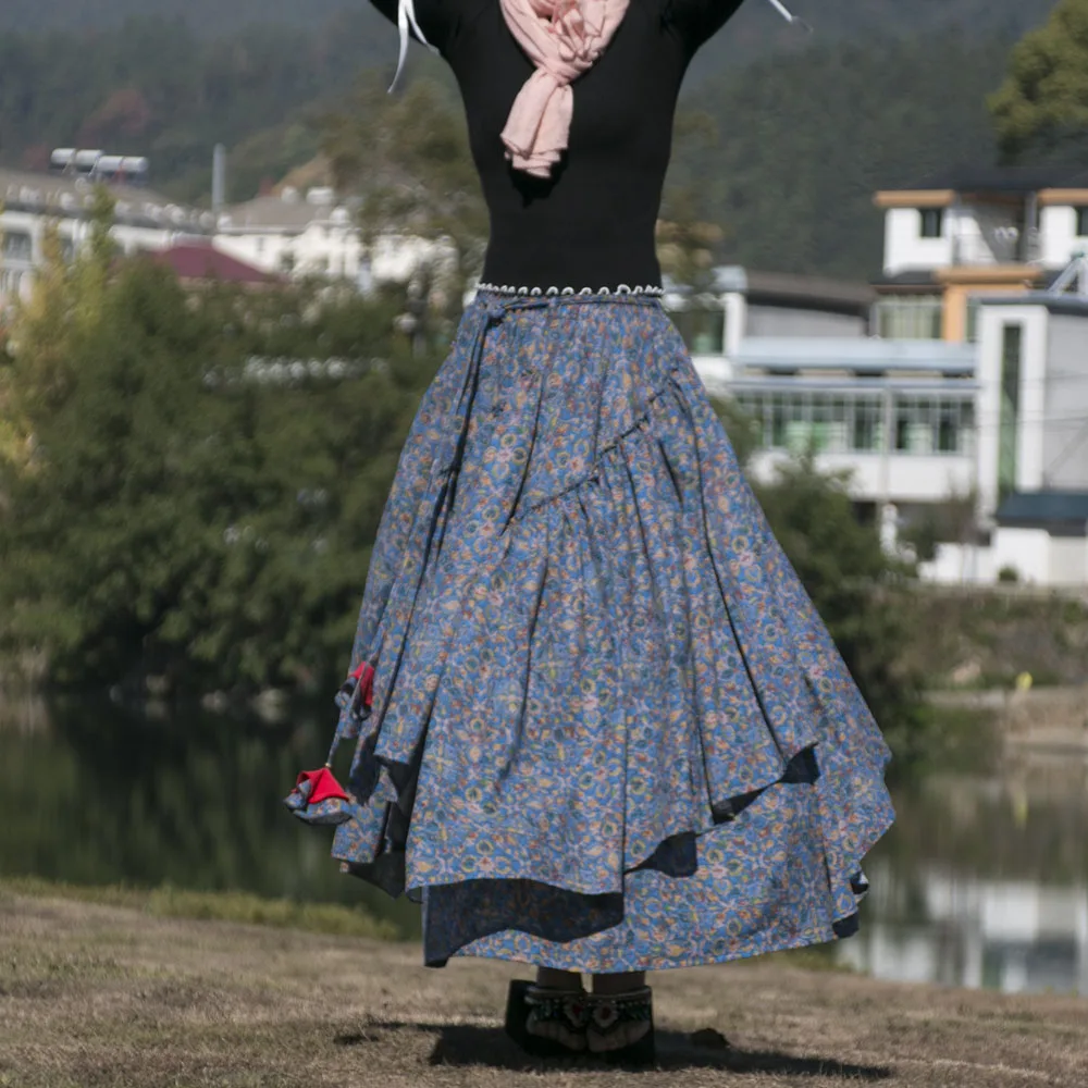 

Free Shipping 2022 New Long Maxi A-line Elastic Waist Women Autumn Spring Cotton And Linen Vintage S-2XL Big Hem Print Skirt