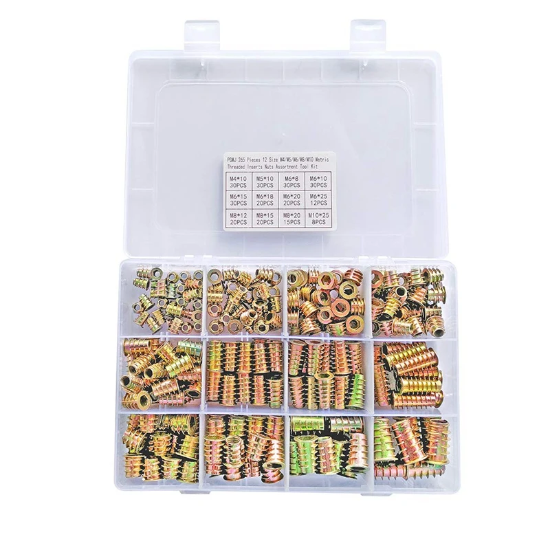 

New 265 Pieces 12 Size M4-M10 Metric Threaded Inserts Nuts Furniture Bolt Fastener Connector Hex Socket Screw Inserts