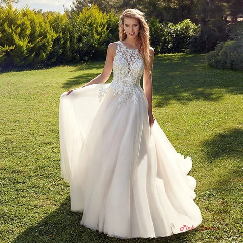 Fashion Ivory Floor Length Scoop Wedding Dresses for Women 2023 Sleeveless Sweep Trian Lace Bridal Gowns Ziiper Back Vestidos De