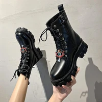 fashion women platform pu leather motorcycle martin boots ladies black lace up chunky heel ankle boots luxury brand shoes 2022