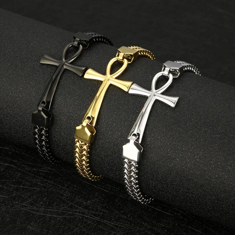 2023 Rock Hip-hop Double Row Braided Chain Bracelet Stainless Steel Egyptian Cross Men's Bracelets 3 Color Choose 8mm 8.66 inch