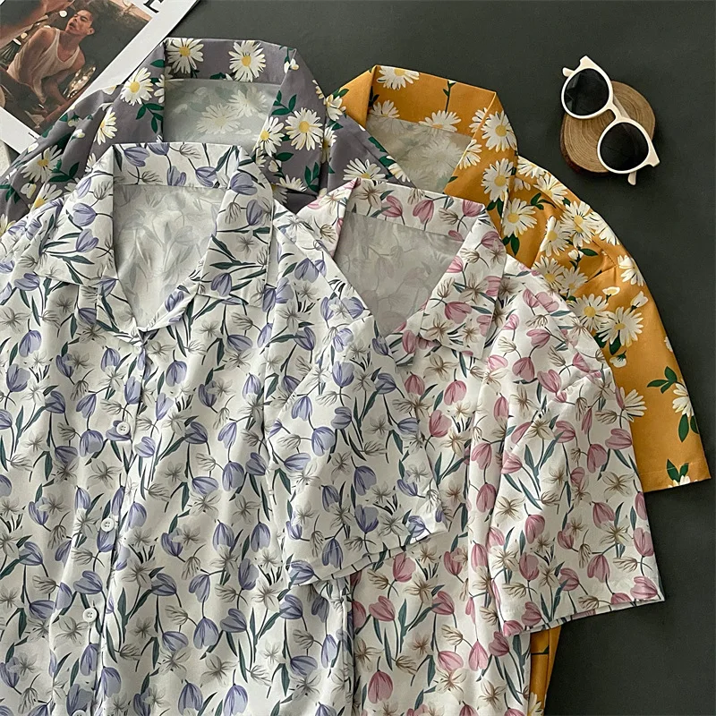 

EBAIHUI Vintage Shirts Summer Blouse Summer Loose Flower Print Shirt Women Turn Down Collar Short Sleeve Casual Sweet Shirts Top