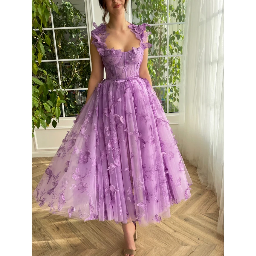 

Purple From Dress For Girls Sexy Scoop Neck Ankle Length Appliques Sleeveless Sweet Spaghetti Tulle Birthday Cocktail Gowns