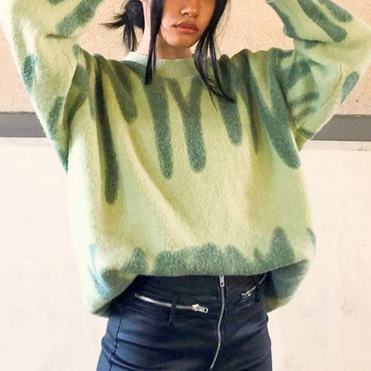 

2022 Y2K Женский вязаный зеленый пуловер с круглым вырезом и длинным рукавом, свитер оверсайз, топы, повседневные пикантные Клубные платья-свит...