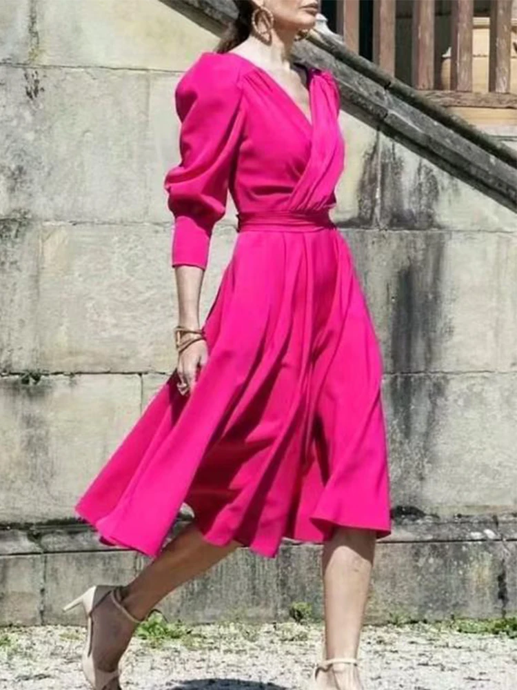 

Runway Fashion 2022 Autumn Midi Dress Women Red Lantern Sleeve Pleat V-Neck Designer Party Full