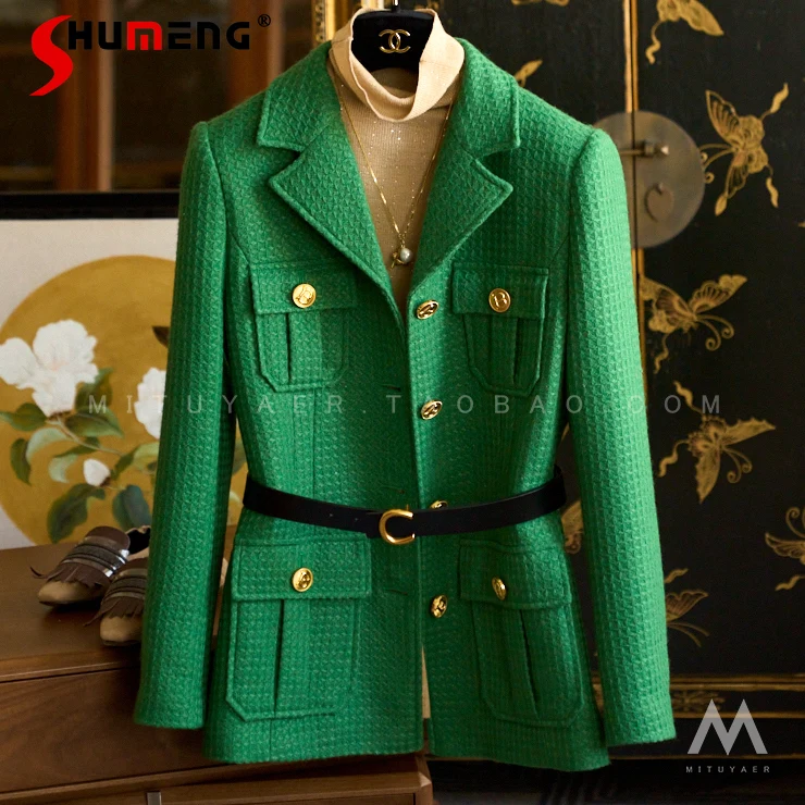 

2022 Spring New Women's Green Gold Buckle Turn Down Collar Clothes Women Office Ladies Pockets Woolen Coat with Belt Streetwear