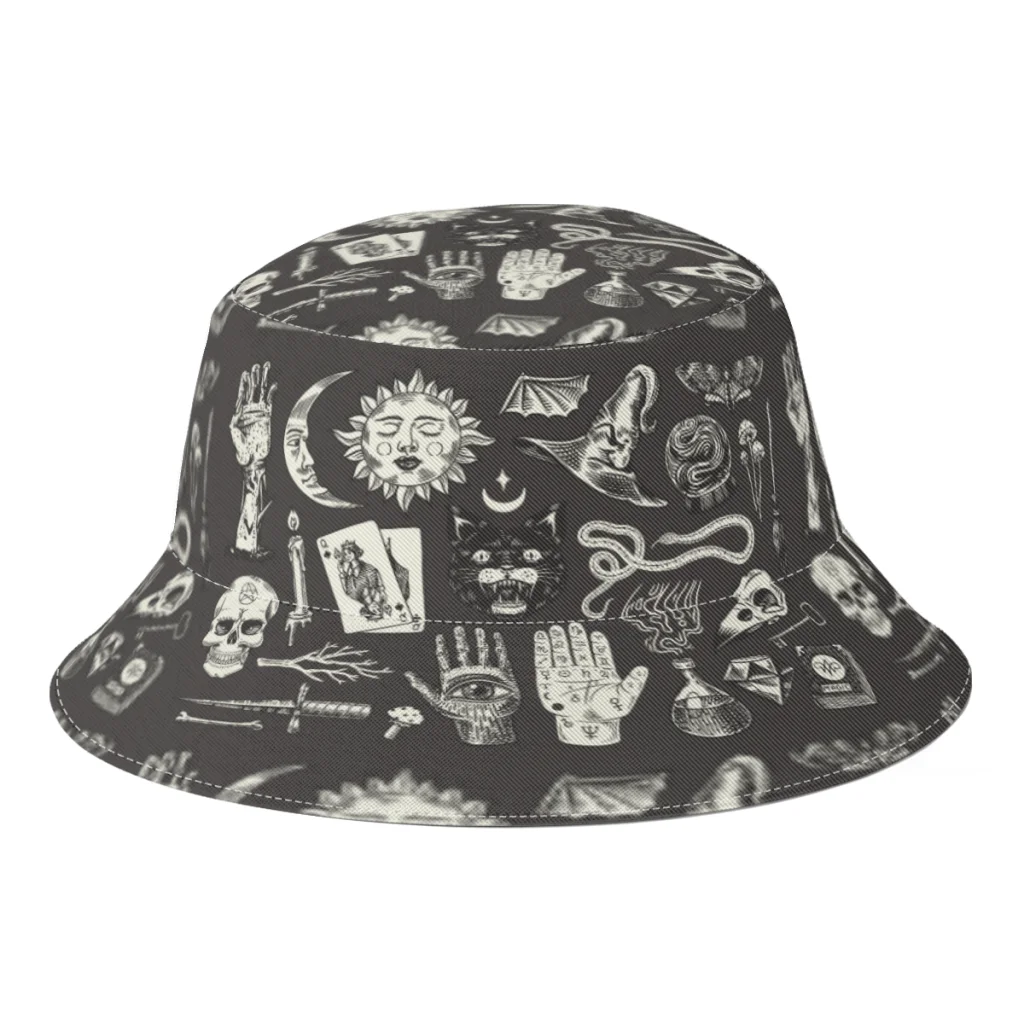 

Harajuku Bucket Hats Mystical Magic Boho Elements Fishing Fisherman Hats Witchcraft Astrological Set Panama Gorros for Bob
