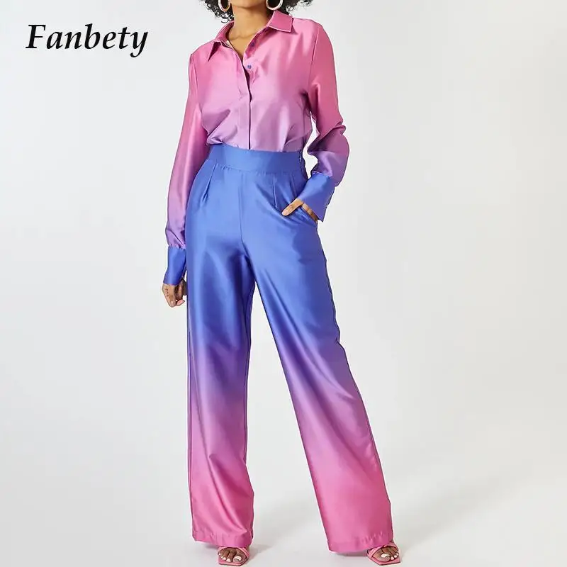 

Женский комплект из двух предметов, блузка с лацканами и прямые длинные брюки с постепенным принтом, 2023