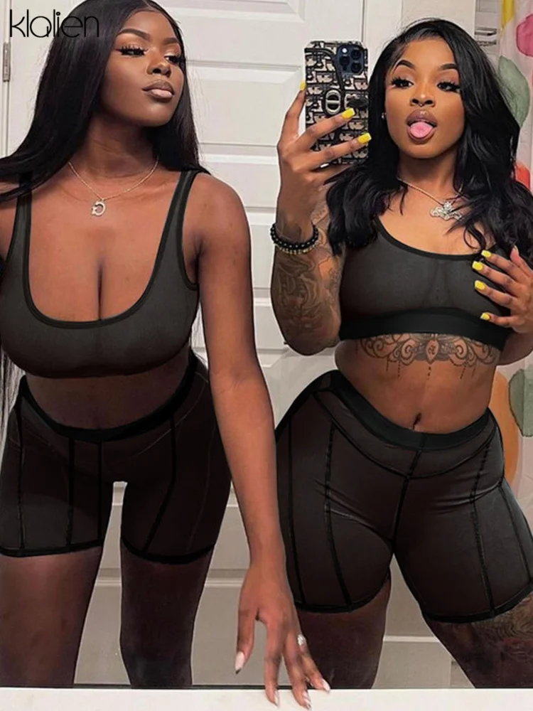 

KLALIEN Mesh See Through Two Piece Set Women Skinny Solid Tank Tops+Streak Body-Shaping Shorts Matching Clubwear Female Suits