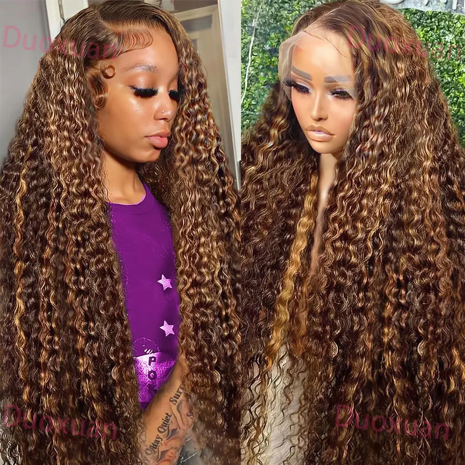 Фото 427 Ombre Highlight Human Hair Wig Deep Wave 13x4 13x6 Парик фронтальной части шнурка 200% Плотность Предварительно выщипанный Ombre Медовый Блондин Коричневый Парик №1