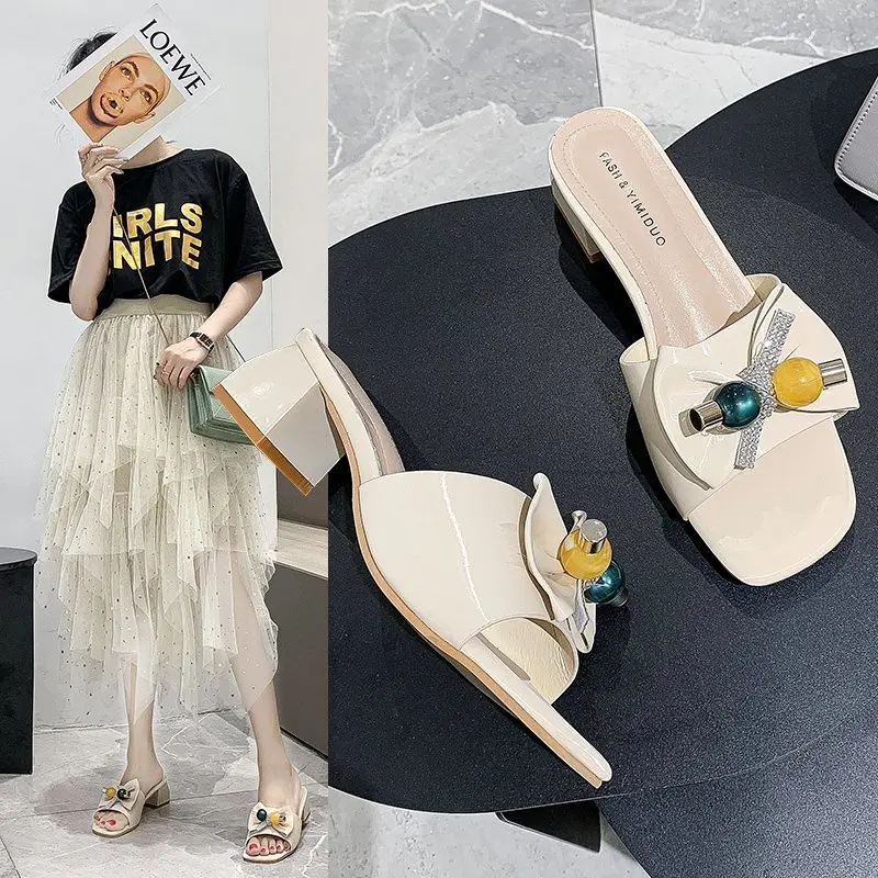 

2022 Summer New Style Korean Version All-match Water Open-toe Slip-on Slippers for Women with Thick Heel and Middle Heel