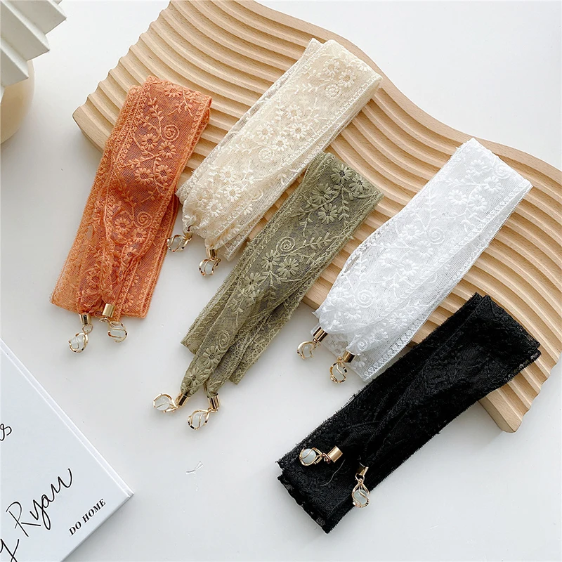 

Female Lace Flower Pendant Streamer Hair Bands Embroidered Small Fresh Lace Long Skinny Scarves DIY Fashion Transparent Shawls