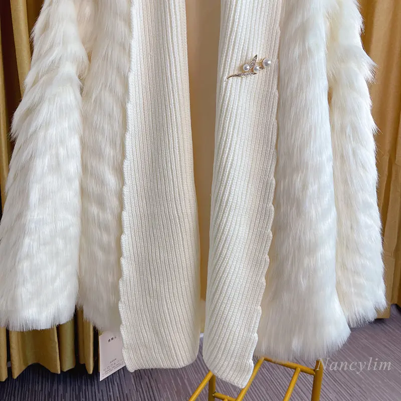 2022 Autumn and Winter Woven Imitation Fox Fur Coat Women Knitted Stitching Keep-Warm Luxury Long Fur Coats Street Overcoats