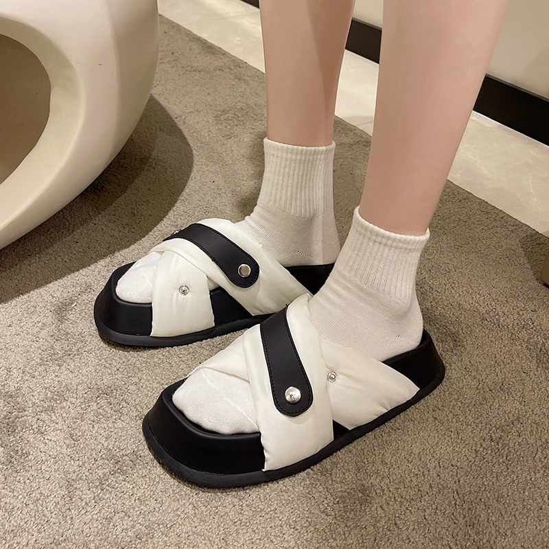 Summer Outdoor Beach Sandals For Women Square Head Slip On Platform Sports Shoes Casual  Cross Open-toe Ladies Footwear Students