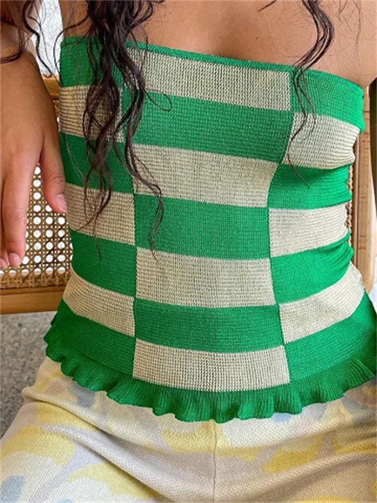 

hirigin Y2K Vintage Plaid Knitted Ruffles Tube Tops Chic Vest Women Summer Off Shoulder Strapless Sexy Backless Camis Tank 2022