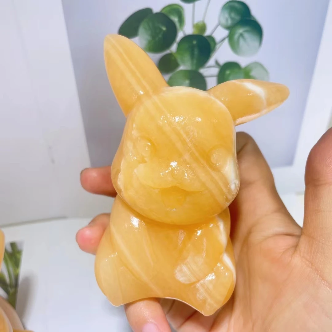 100mm Natural Cryolite Cute Pikachu Carved Fancy Calcite Polished Animal carvings Healing Stones Home Decor ornament crafts 1pcs