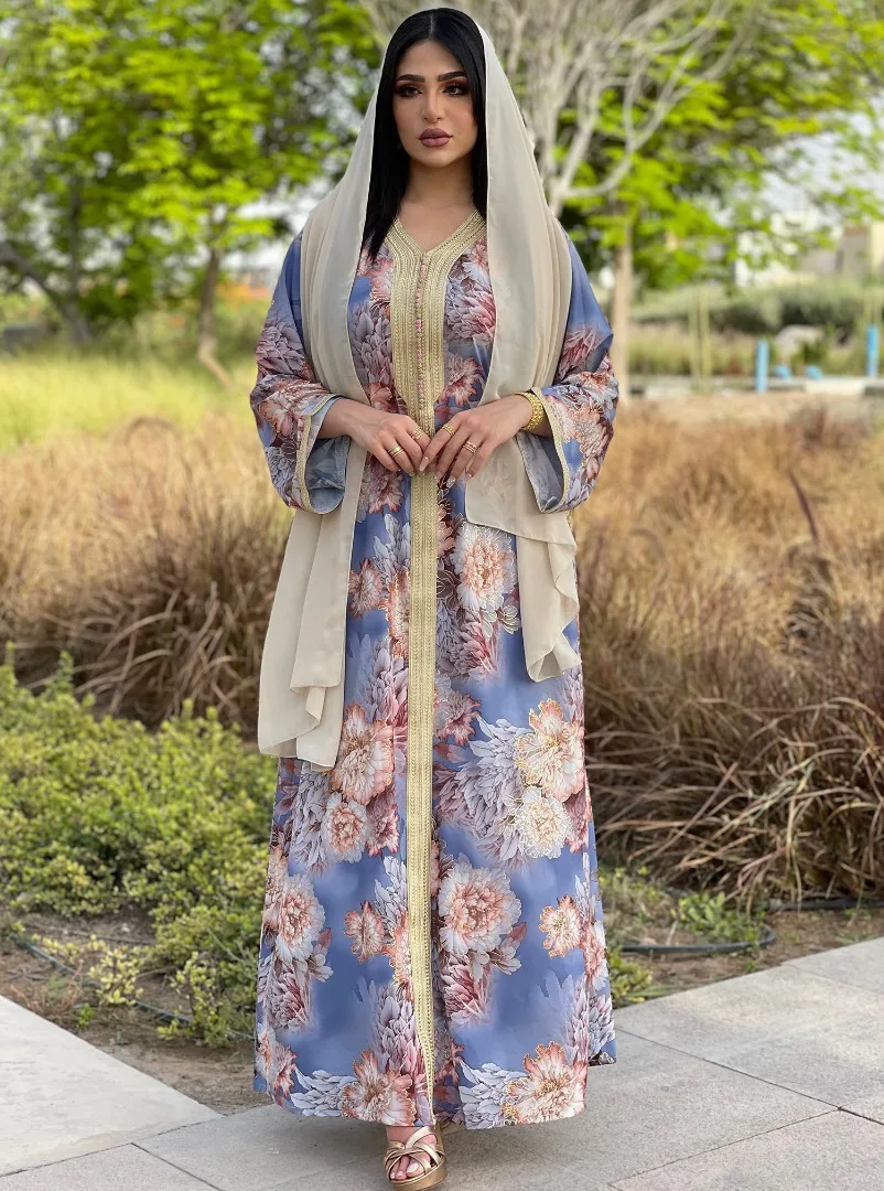 Женское платье-хиджаб в мусульманском стиле, модель Дубая 2021, синий цветочный стиль, одежда Ближнего Востока в мусульманском стиле