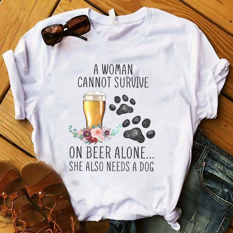 

Women T Womens Graphic Beer Dog Paw Flower Fashion Short Sleeve Printed Top Tshirt Female Tee Shirt Ladies Clothes T-shirt