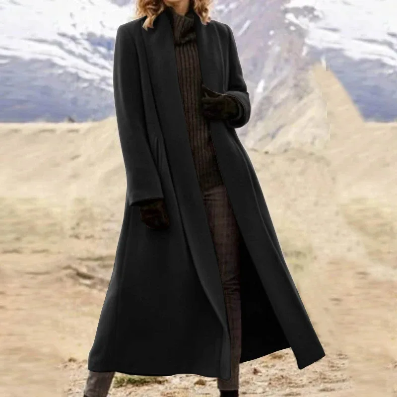 

Женская утепленная шерстяная куртка, элегантное винтажное пальто с отложным воротником и длинными рукавами, Повседневная однотонная прямая верхняя одежда с карманами для офиса на осень и зиму