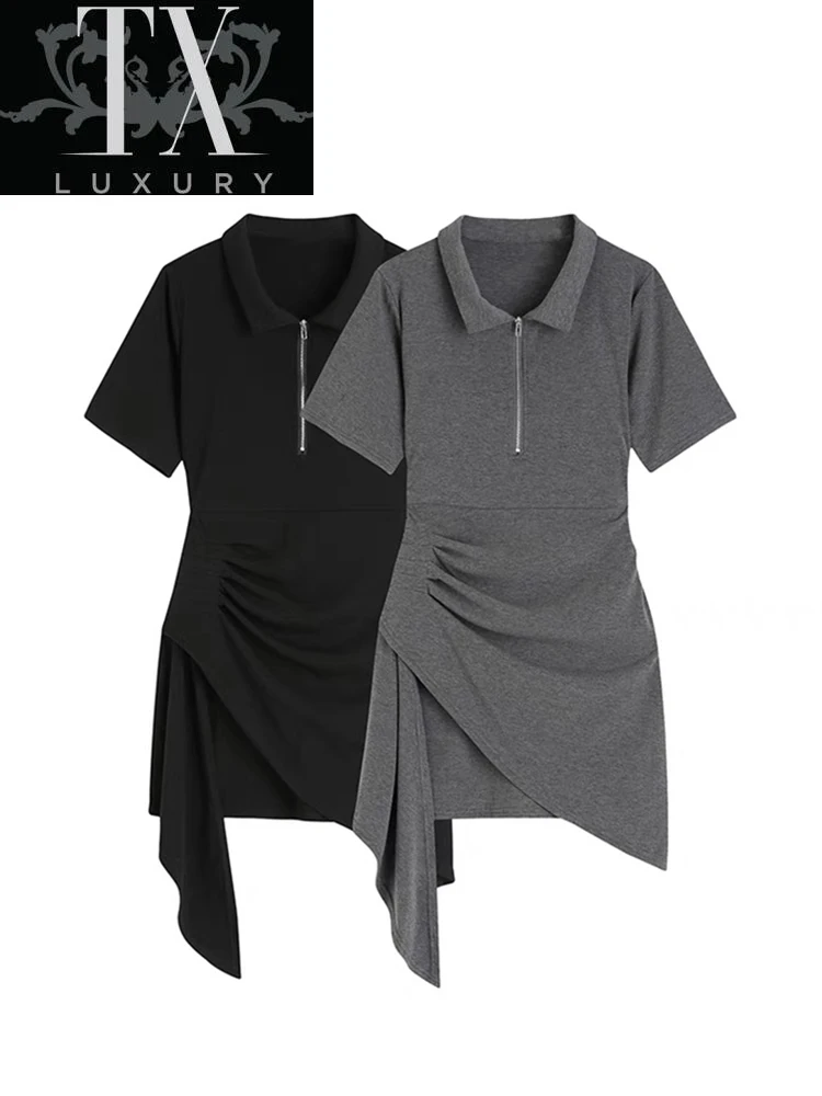 

Sexy Short Sleeve Shirt Women Zipper Bodycon Folds Irregular Mini Vestidos 2022 Summer Polo Neck Solid Color A-line Dress