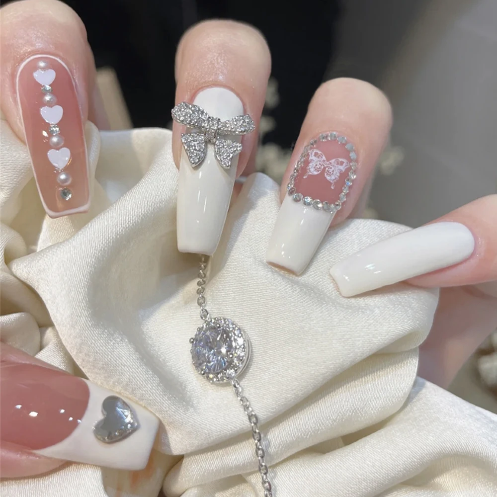 

24PCS Press On Nails with Diamond Butterfly Design White Fake Nails Coffin Ballet False Nails Manicure Salon DIY Full Finished