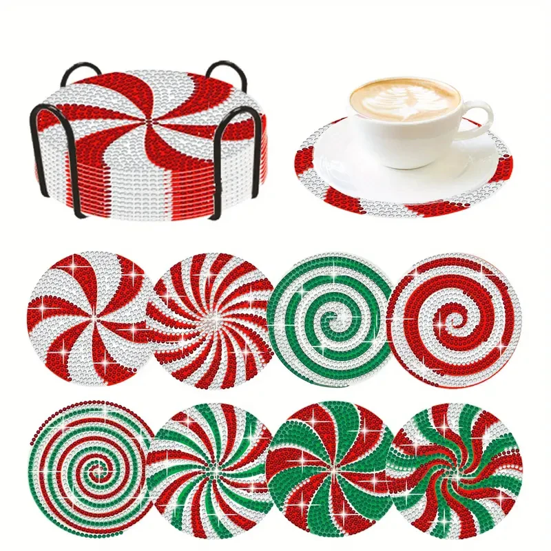

8Pcs DIY Diamond Painting Coaster Christmas Placemat Pad with Holder Insulation Pad Cup Mat Pad Home Table Decoration Gift
