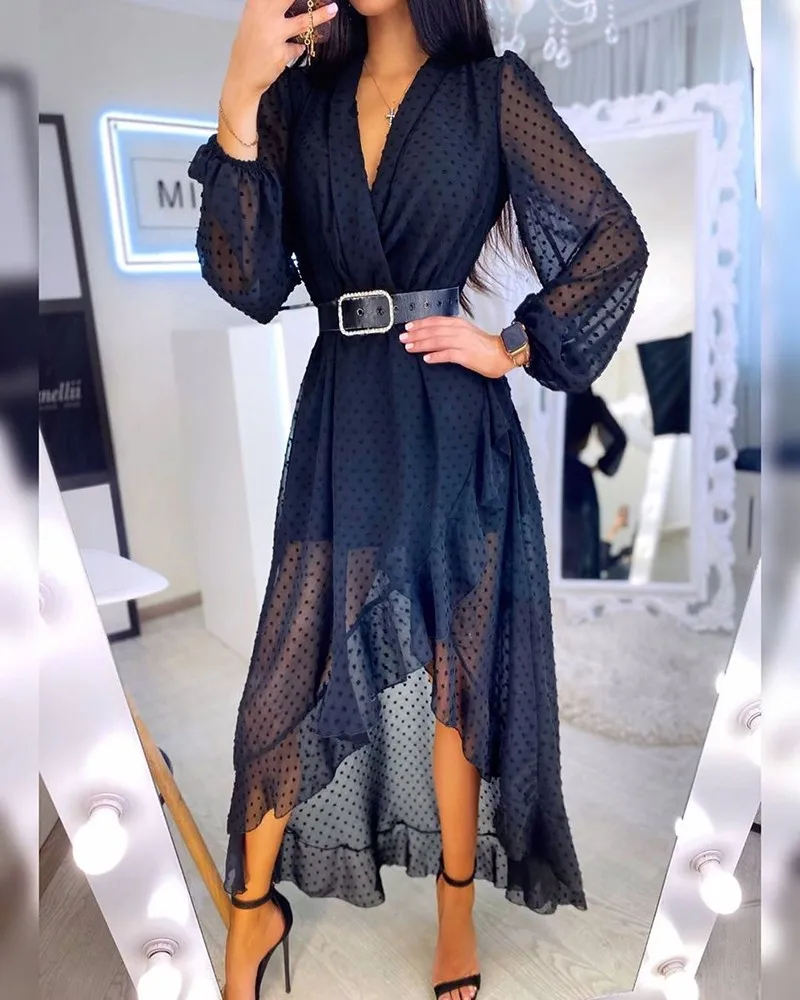 

Women's waist V-neck fashion polka dot lace dress summer