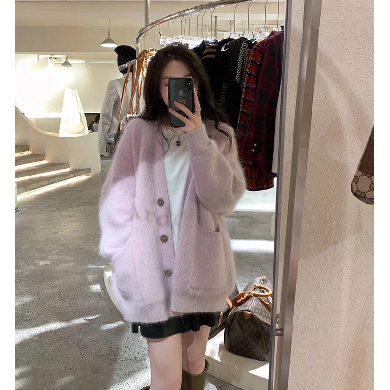 

Autumn Winter Long Sleeved Purple Sweater Cardigan Coat for Women Y2K Loose Harajuku Tops Vintage Pull Femme Knitting Jumper